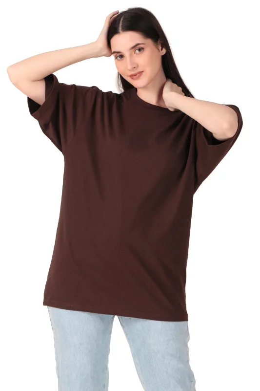 Women Brown Cotton Oversized T-Shirt Notch Collar Peter Pan Collar Cowl Neck