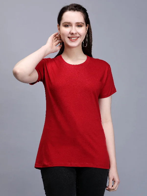 Women Red Cotton T-Shirt Chenille Blend Fleece Blend Nylon Blend