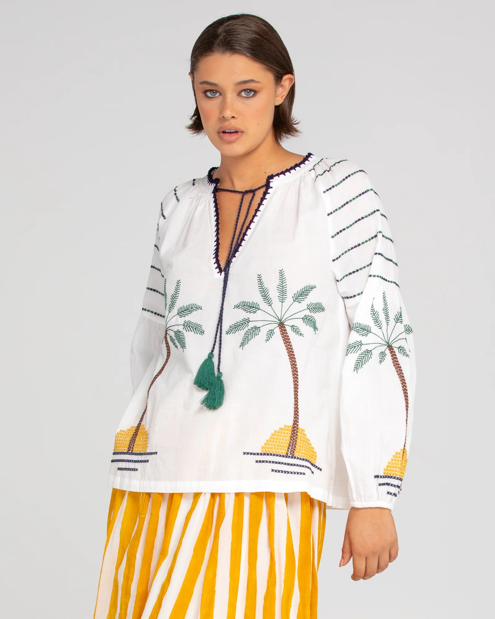 Boom Shankar Palm Shirt - White Print Jacquard Patchwork