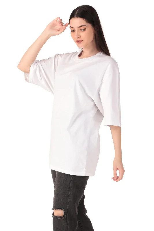 Women White Cotton Oversized T-Shirt Print Jacquard Patchwork