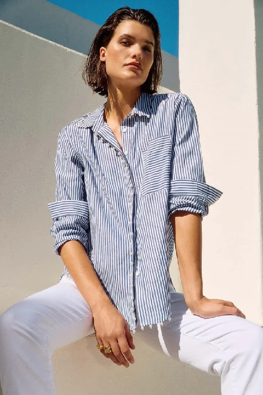 Striped Stretch Cotton Shirt Asymmetrical Pockets Print