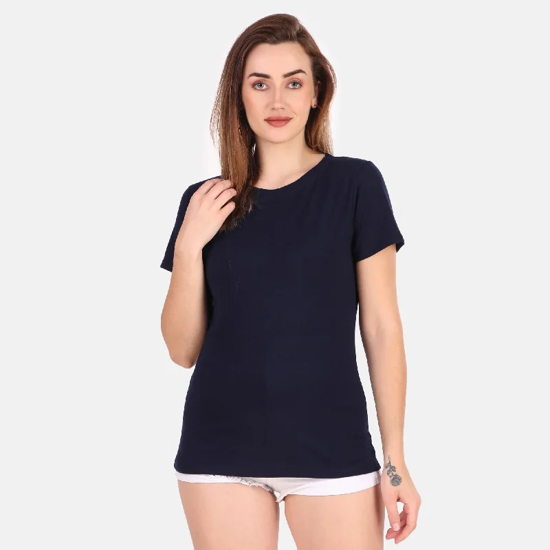 Women Navy Blue Cotton T-Shirt Spandex Blend Rayon Blend Denim Blend