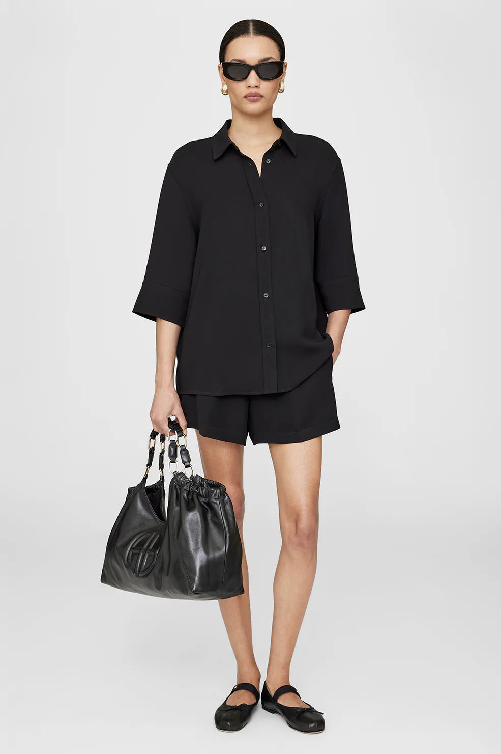 Anine Bing - Mary Shirt in Black Fleece Nylon Spandex