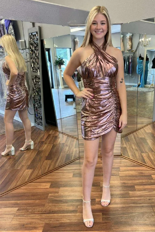 Bronze Halter Ruched Short Party Dress gh1264 Tunics Chic fashionable