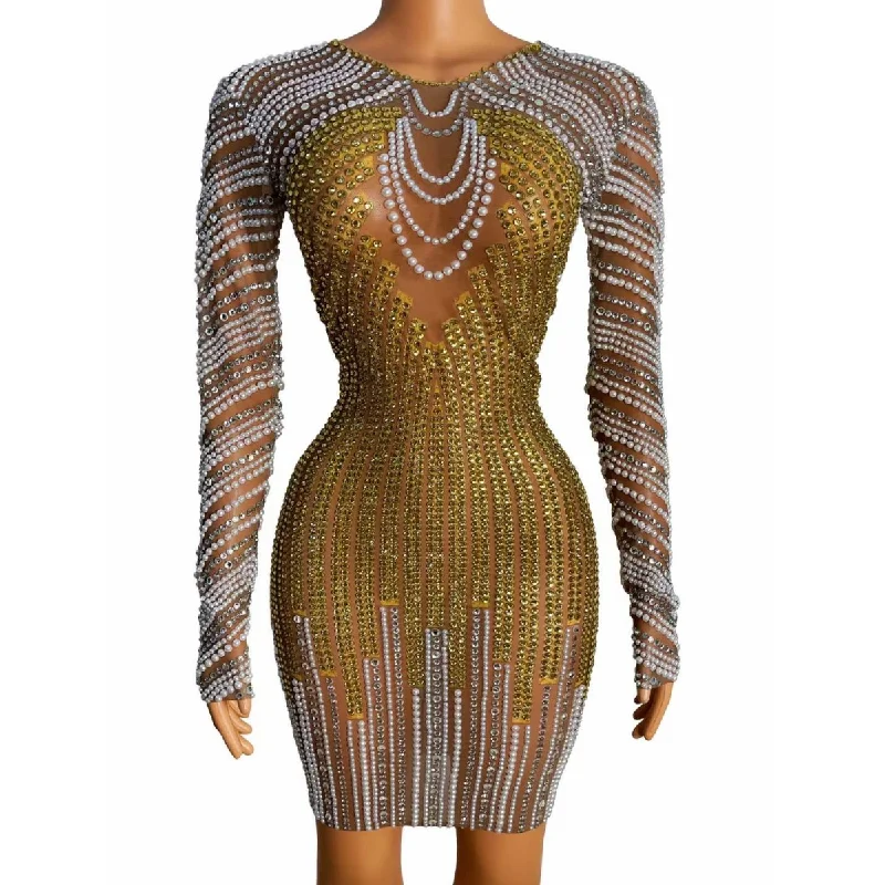 Deluxe Design Golden Rhinestone Stripe Club Party Dress Pearl Appliqued Mesh See Through Sexy Long Sleeve Women Dress Elegant Tunics Summer linen