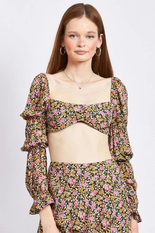 Emory Park | Floral Print Puff Sleeve Crop Top Denim Fabric Leather Fabric Suede Fabric