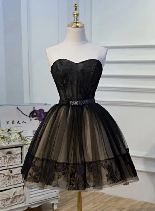 Black and Champagne Tulle Sweetheart Lace Short Party Dress Tulle Homecoming Dresses Tunics Polka dots