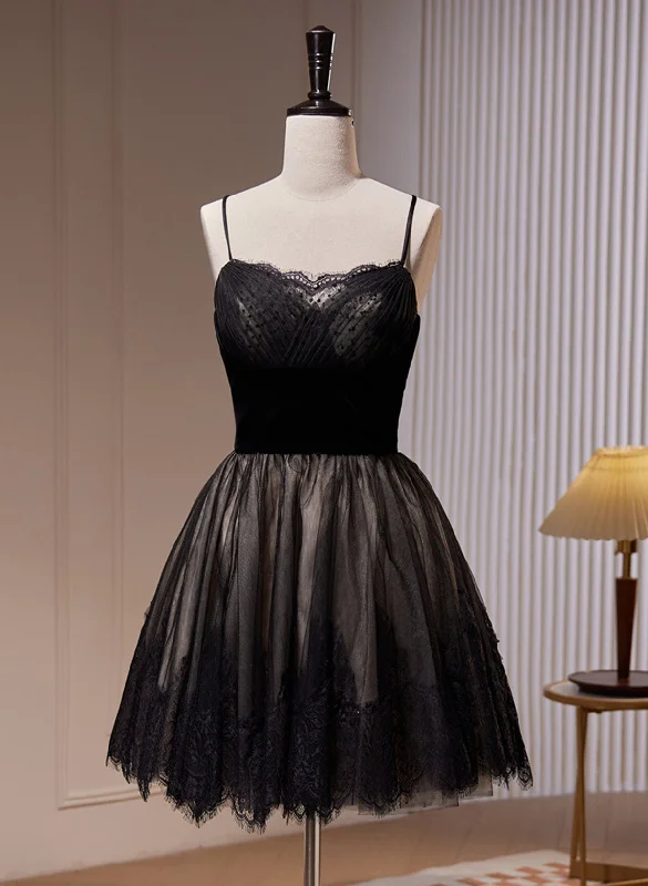 Black Tulle and Lace Straps Short Party Dress, Black Homecoming Dress Tunics Running lightweight