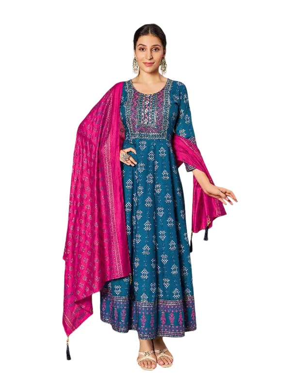 Cobalt Blue - Cotton Block Printed Long Dress with Dupatta - Available in Sizes 14(40") & 20 (46") - BH1006 KK 0924 Off-the-shoulder Chic Trendy