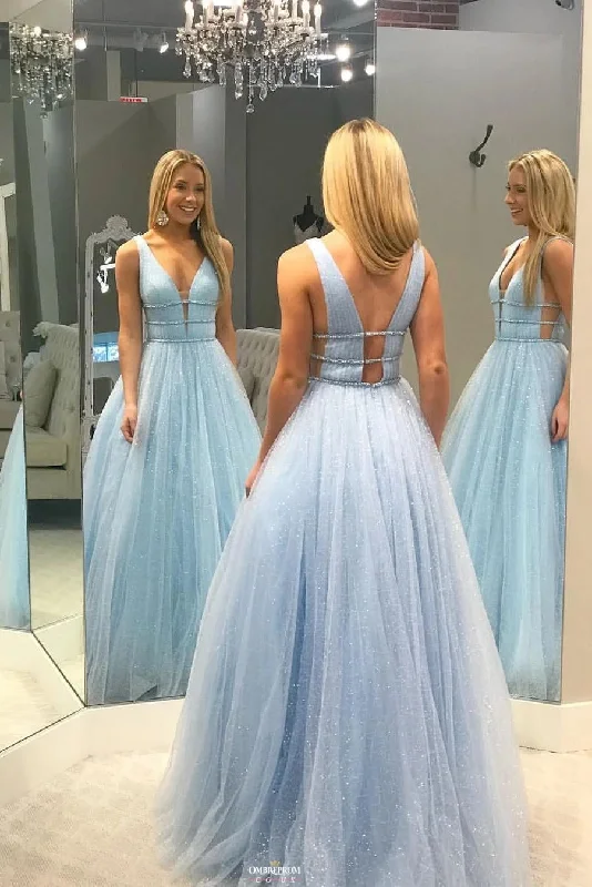 Sparkly Princess Light Blue Backless Long Prom Dresses Party Dresses Tunics Business professional