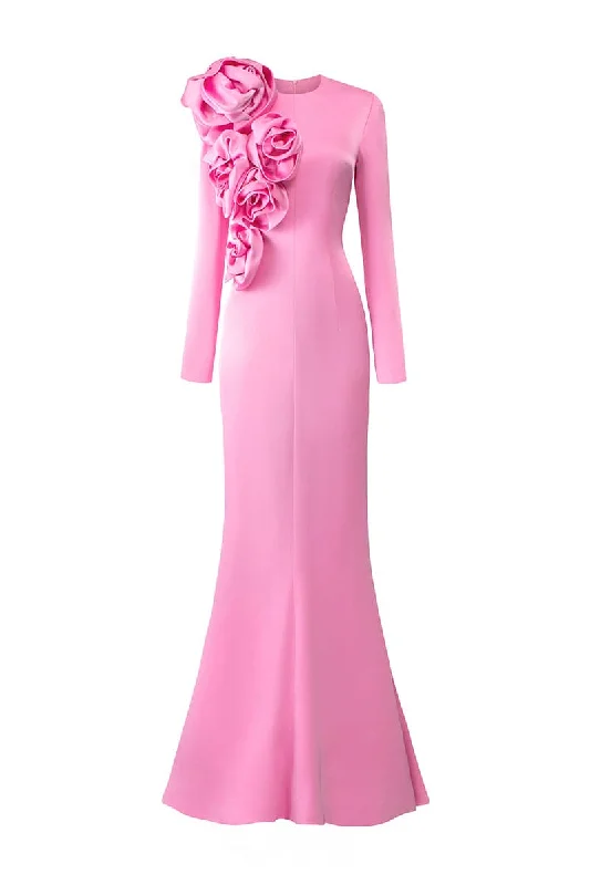 LONG SLEEVES DRESS WITH DRAPED ROSES DETAIL Square Neckline Feminine