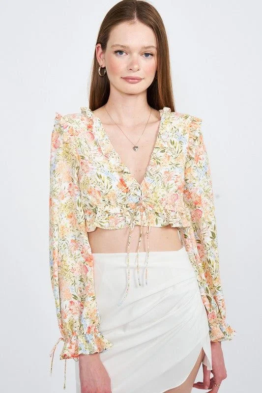 Emory Park | Floral Print Ruffled Crop Top Faux Fur Fabric Real Fur Fabric Shearling Fabric