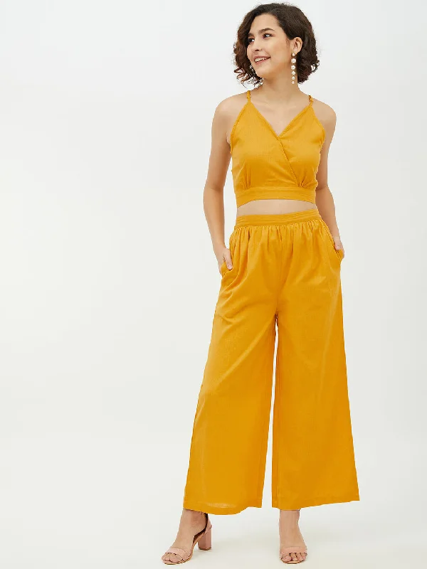 Women's Cotton Linen Yellow Crop Top and Pallazo set - StyleStone Spandex Blend Rayon Blend Denim Blend