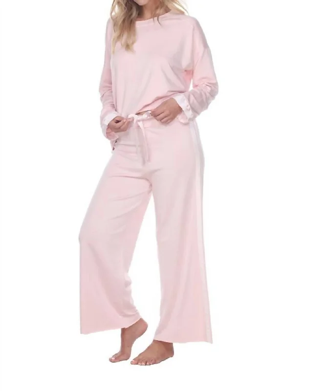 Kimber Crop French Terry Wide Leg Crop Pant With Satin Stripes In Blush Comfortable Jogging Pants