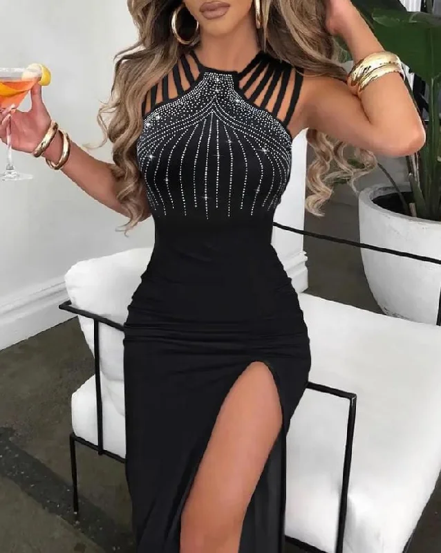 Sexy Women Dresses Rhinestone Decor Elegant Fashion Multi-Strap High Slit O-Neck Sleeveless Maxi Skinny Party Dress 2022 Summer Tunics Fall fleece