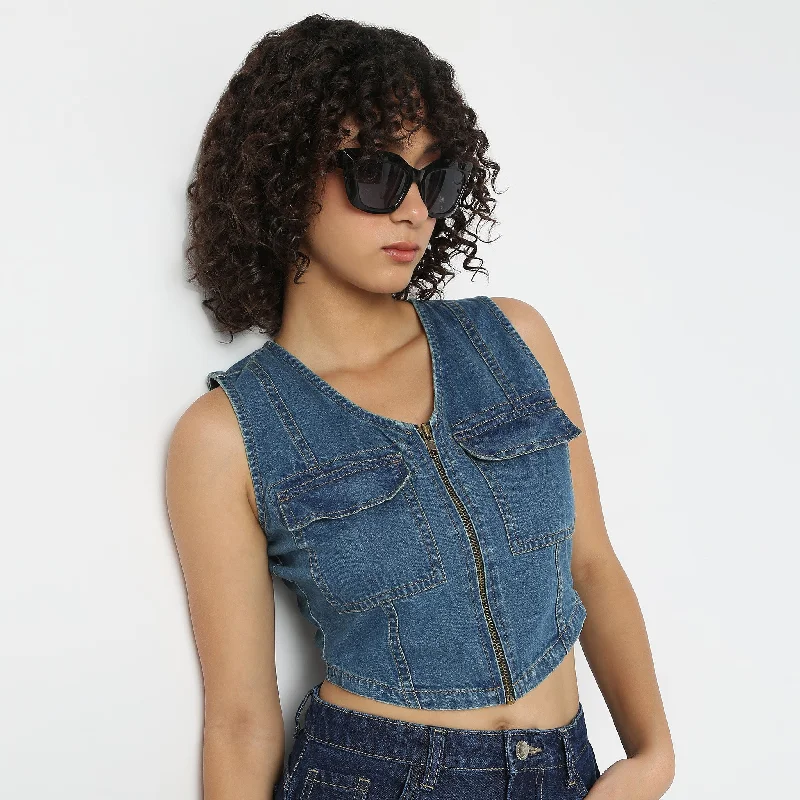 Denim V-Neck Crop Top Anti-Shrink Durable Soft