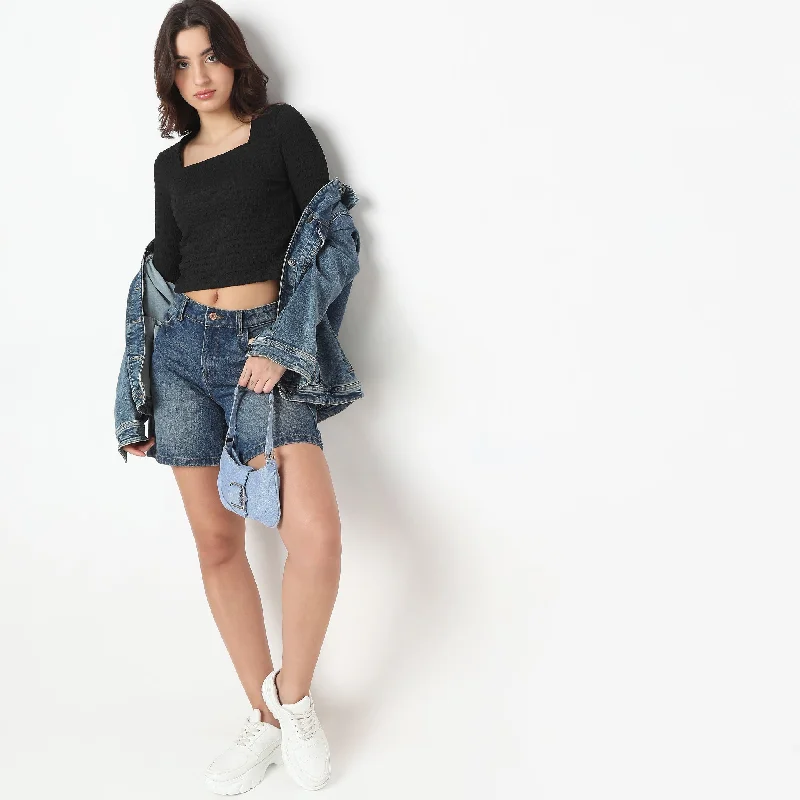 Regular Fit Solid Crop Top Terry Blend Velvet Blend Canvas Blend