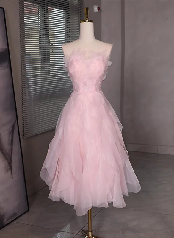 Pink Tulle Beaded Low Back Short Party Dress, Pink Tulle Homecoming Dress Tunics Office stylish