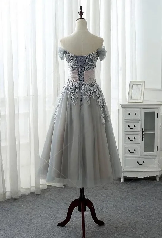 Charming Off-the-shoulder Homecoming Dress, Short A-line Tulle Gray Party Dress Tunics Bestseller popular