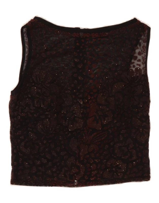 TADASHI Womens See Through Sleeveless Crop Top UK 18 XL Brown Floral Nylon Polka Dot Checkered Tartan