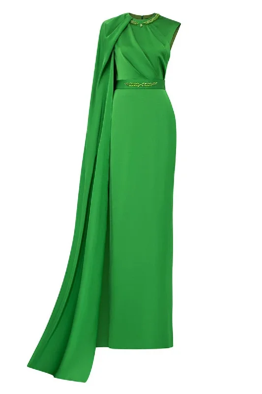 GREEN ONE-SHOULDER CAPE DRAPED SILK DRESS Tunics Sophisticated sleek