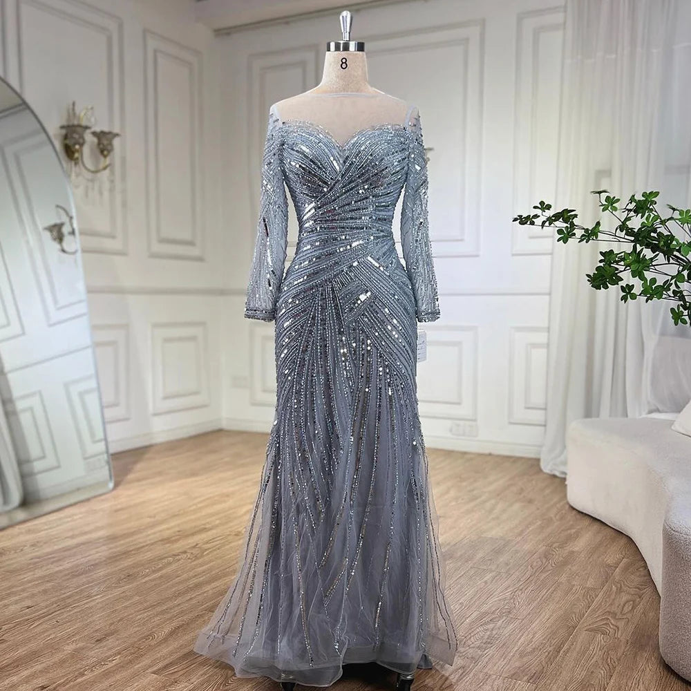 Serene Hill Gray Muslim Luxury Beaded Mermaid Evening Gowns Elegant Floor Length Party Dresses For Women Wedding 2024 LA72295 Tunics Lace romantic