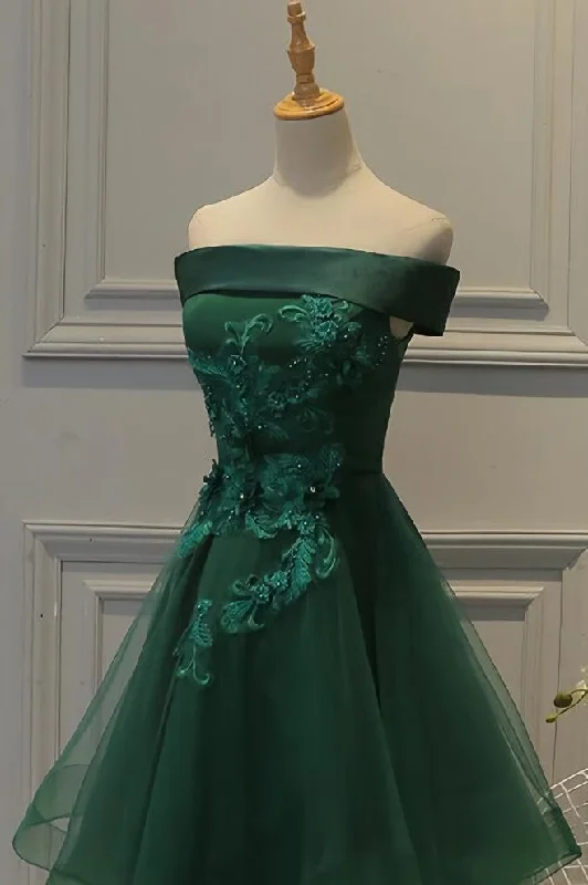 Off Shoulder Dark Green Short Party Dress, Tulle Homecoming Dresses Tunics Stylish elegant