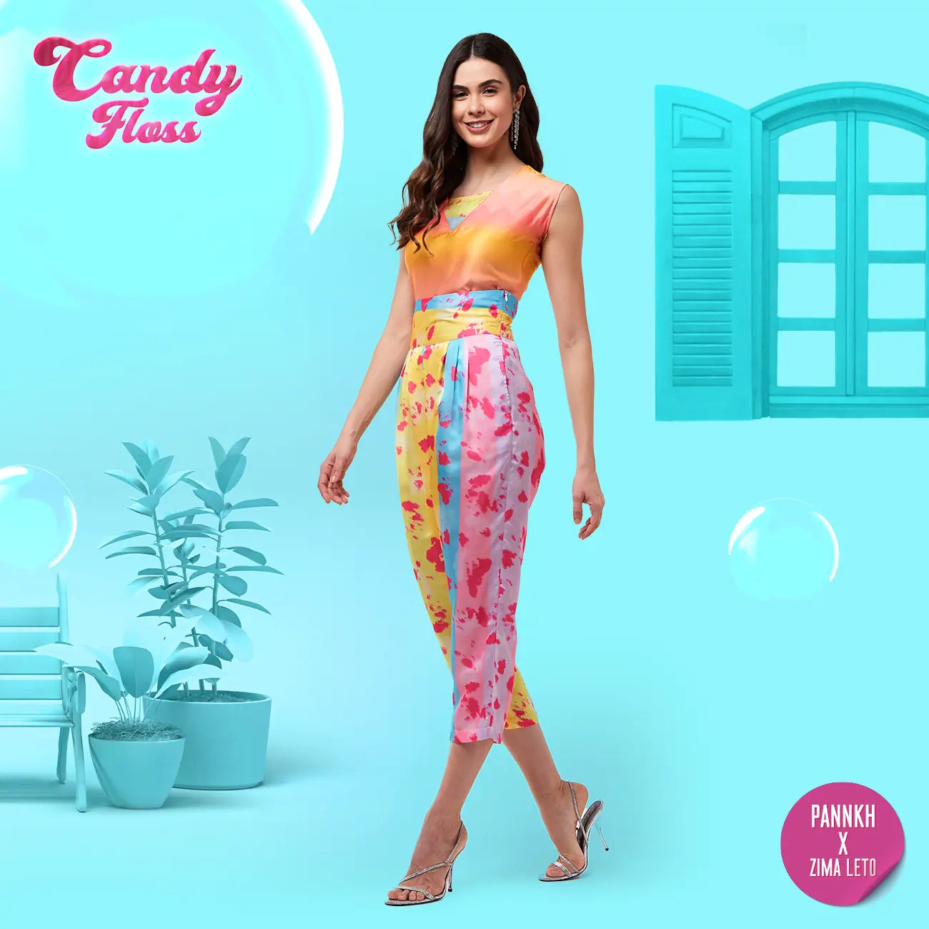 Candy Inspired Digital Printed Crop Top With High Waist Pleated Pants Handmade Hand-knitted Hand-woven