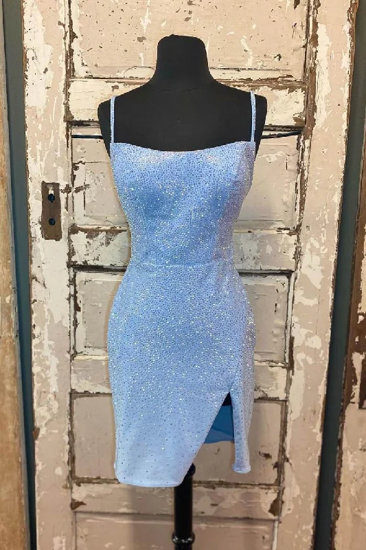 Beaded Light Blue Bodycon Party Dress with Slitgh1193 Sequined Elegant Party