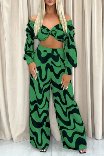 Sexy Green & Black 2 Piece Crop Top & Wide Leg Pants Set Elegant Classic Vintage