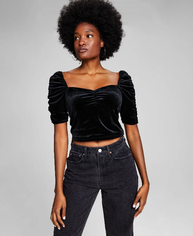 Women's Velvet Ruched-Sleeve Crop Top Ribbed Crop Top High Neck Heavyweight