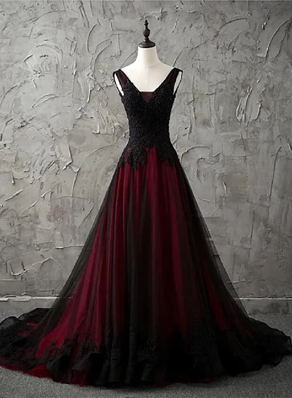 Charming Sleeveless Black and Red Lace Appliques Beaded Party Dress, Low Back Prom Dress Tunics Brand named