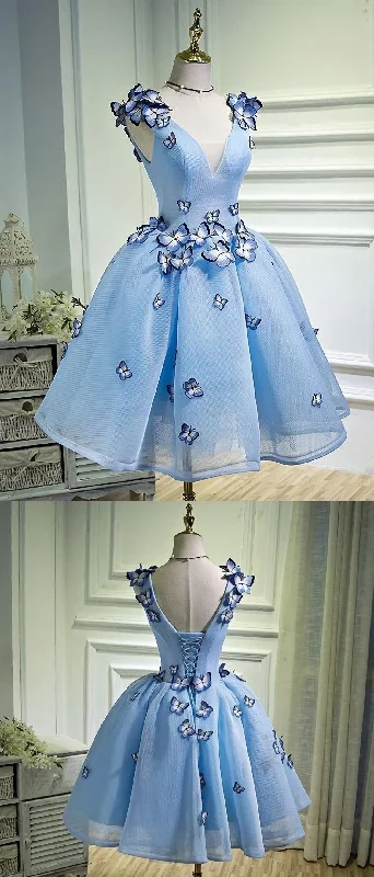 Sky Blue Butterfly Short Homecoming Dress, Party Dresses empire Waist empire