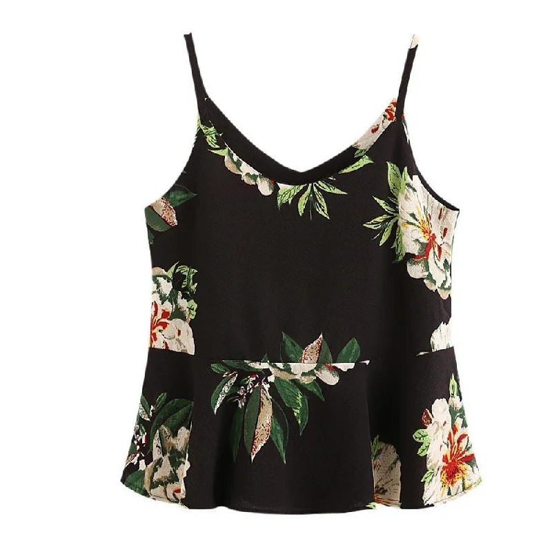 Floral printing Sleeveless Crop Top Front Pockets Side Pockets Patch Pockets