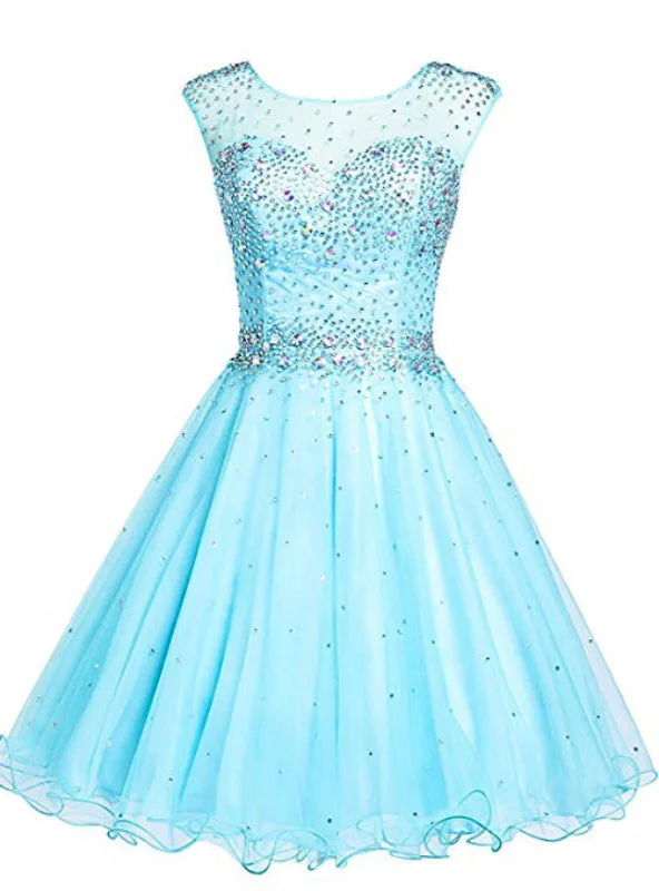 Blue Tulle Backless Beading Crystal Short Homecoming Party Dress Off-the-shoulder Chic Trendy