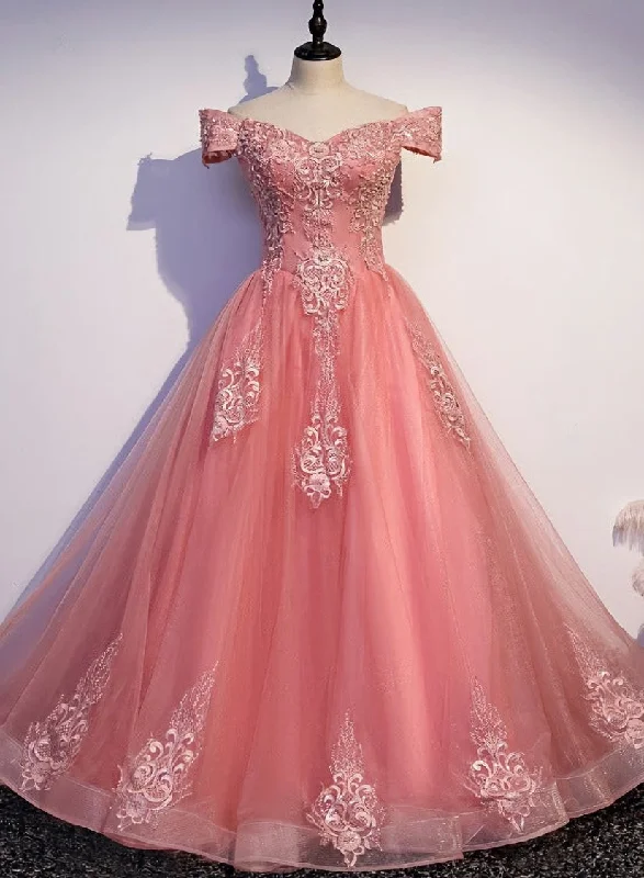 Charming Pink Off Shoulder Lace Applique Sweetheart Party Dress, Pink Prom Dress Tunics Modern contemporary