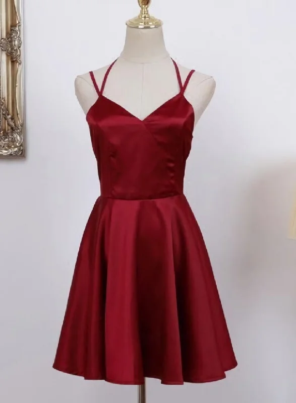 Cute Straps Dark Red Mini Party Dress, Dark Red Short Homecoming Dress Square Neckline Feminine