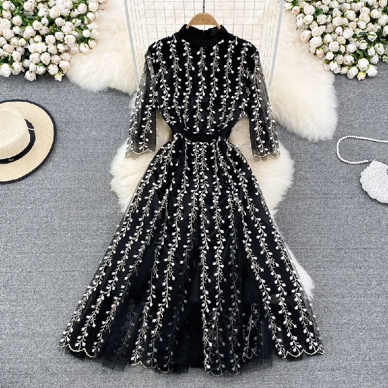 Vintage Luxury Dress Women Elegant Mesh Patchwork Korean Party Dress Stand Collar Midi Summer Dresses For Ladies Tunics Velvet soft