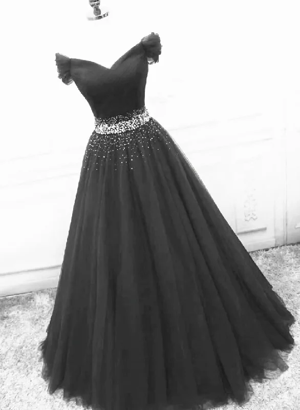 Black Off Shoulder Tulle Lace Beaded A-line Prom Dress, Black Junior Party Dresses Tunics Timeless classic