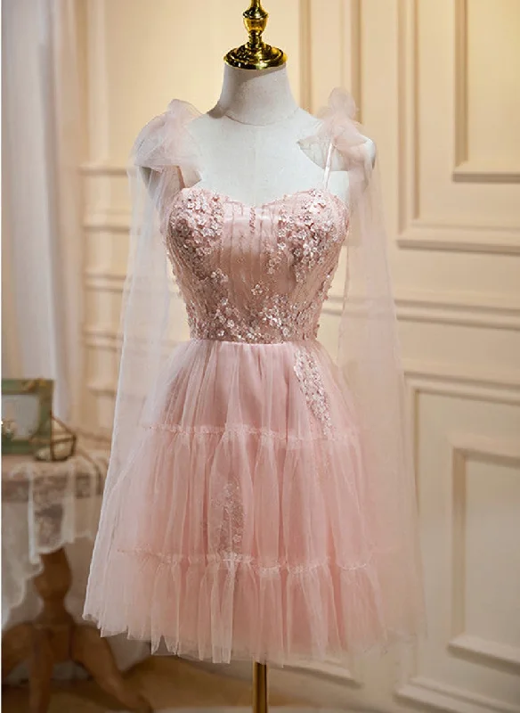 Pink Tulle Lace and Flowers Short Homecoming Dress, Cute Pink Party Dress Tunics Canvas sturdy