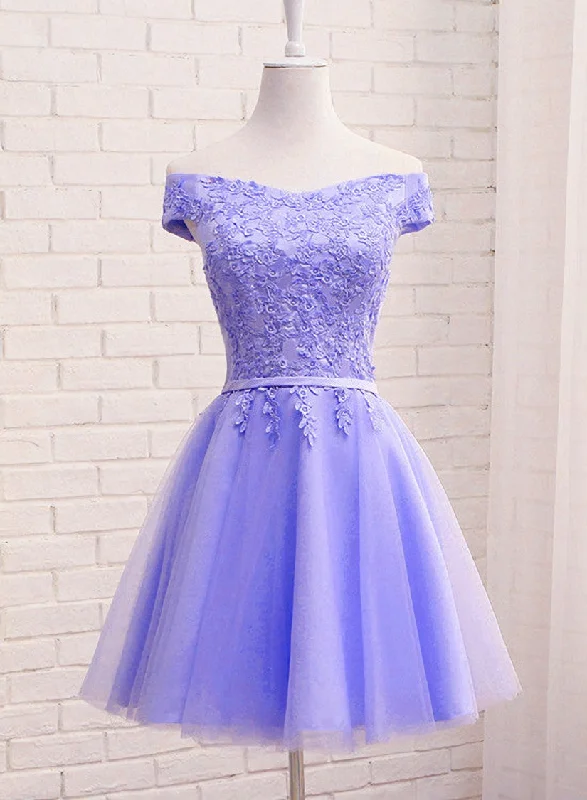 Purple Short Sleeves Lace Off Shoulder Party Dress, Cute Purple Homecoming Dress Tunics Short Trendy