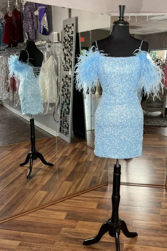 Light Blue Sequin Cold-Shoulder Feathers Short Party Dress gh1232 Tunics Versatile functional