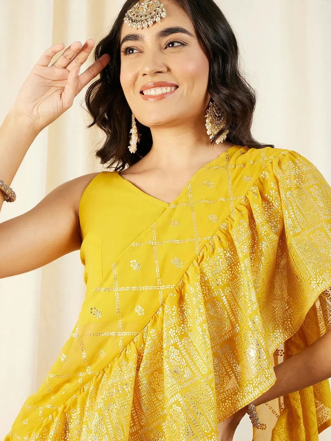 Crop Top with Sharara and frill Dupatta in Yellow Color Rayon Fabric Velvet Fabric Corduroy Fabric