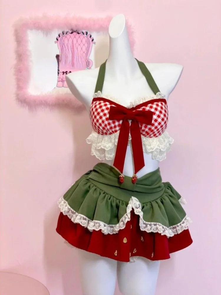 TAVIMART  -  Summer Japanese Sweet Lolita 2 Piece Set Women Kawaii Bow Lace Halter Neck Crop Tops Mini Cake Skirts Female Beach Outfits New Cotton Fabric Linen Fabric Terry Fabric