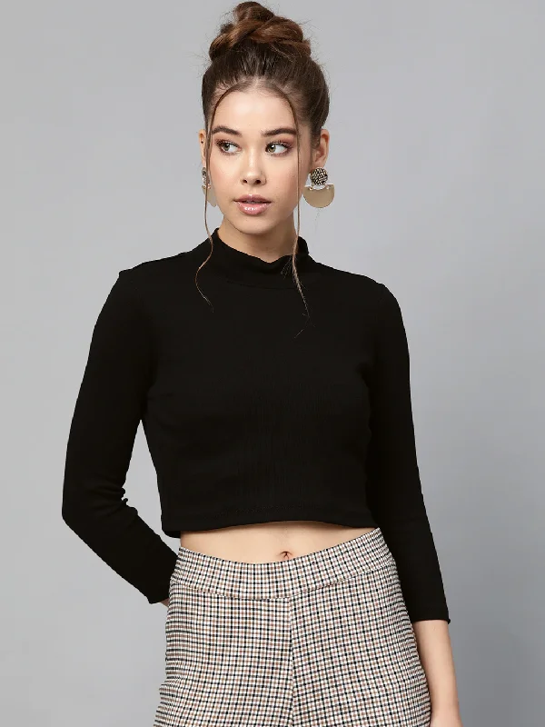 Women's Black Rib Turtle Neck Crop Top - SASSAFRAS Anti-Shrink Durable Soft