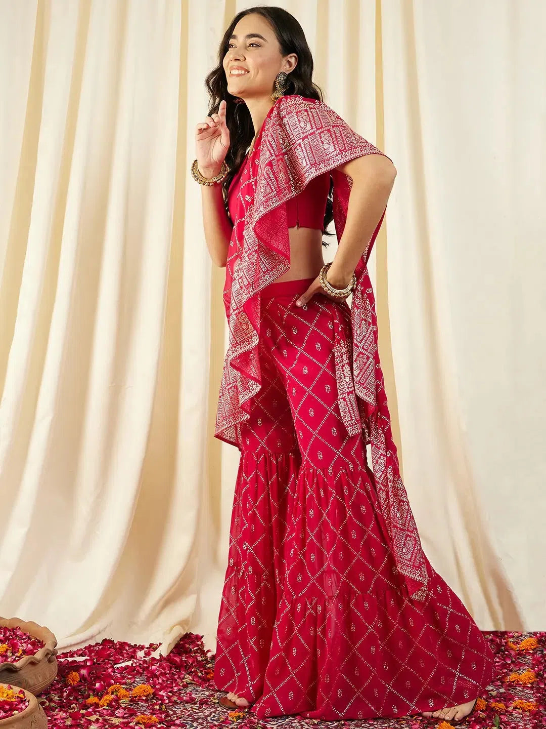 Crop Top with Sharara and frill Dupatta in Magenta Color Chenille Fabric Brocade Fabric Lace Fabric