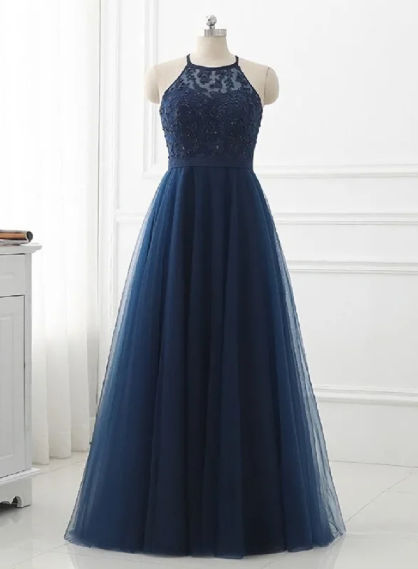 Navy Blue Tulle with Lace Applique Long Party Dress, Blue Prom Dress Tunics Fall fleece