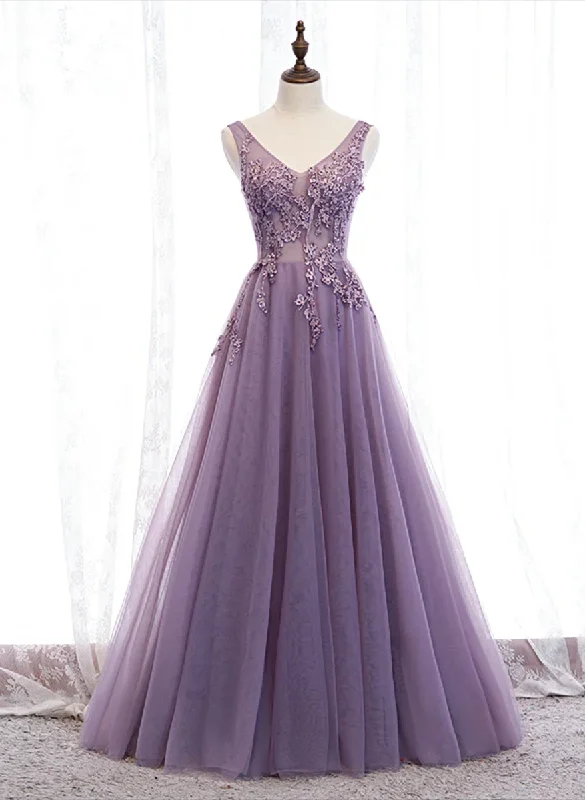 Purple V-neckline Tulle with Lace Floor Length Party Dress Evening Dress,Purple Prom Dress Tunics Trendy modern