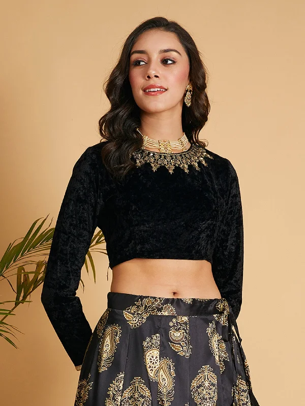 Women's Black Velvet Embroidered Crop Top - Lyush Knit Fabric Woven Fabric Fleece Fabric