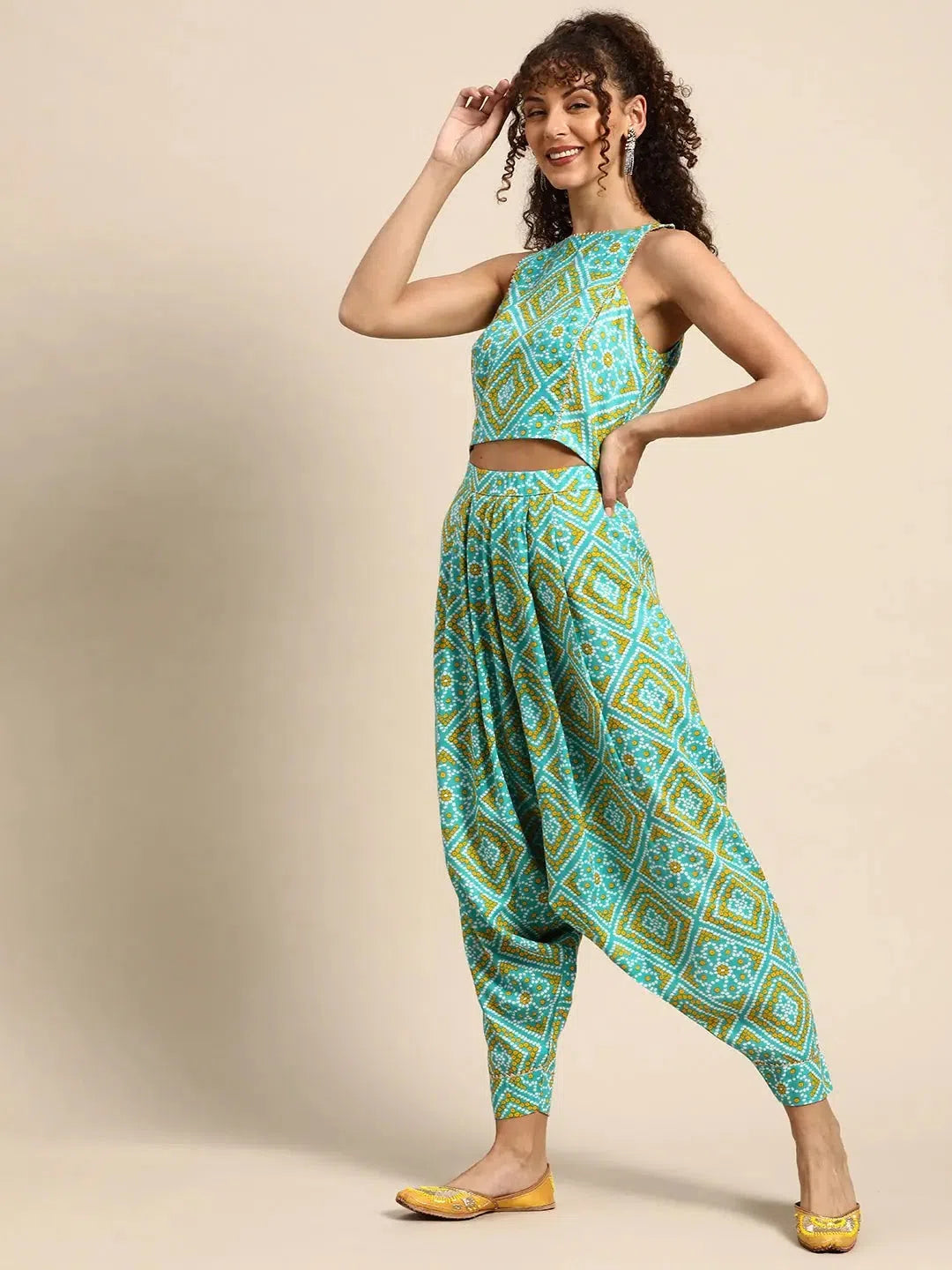 Crop top with Dhoti Pants in Aqua Blue Chenille Blend Fleece Blend Nylon Blend